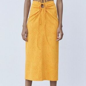 ZARA Orange Mod Abstract Printed Cutout Tie Waist Midi knit Skirt Size XS